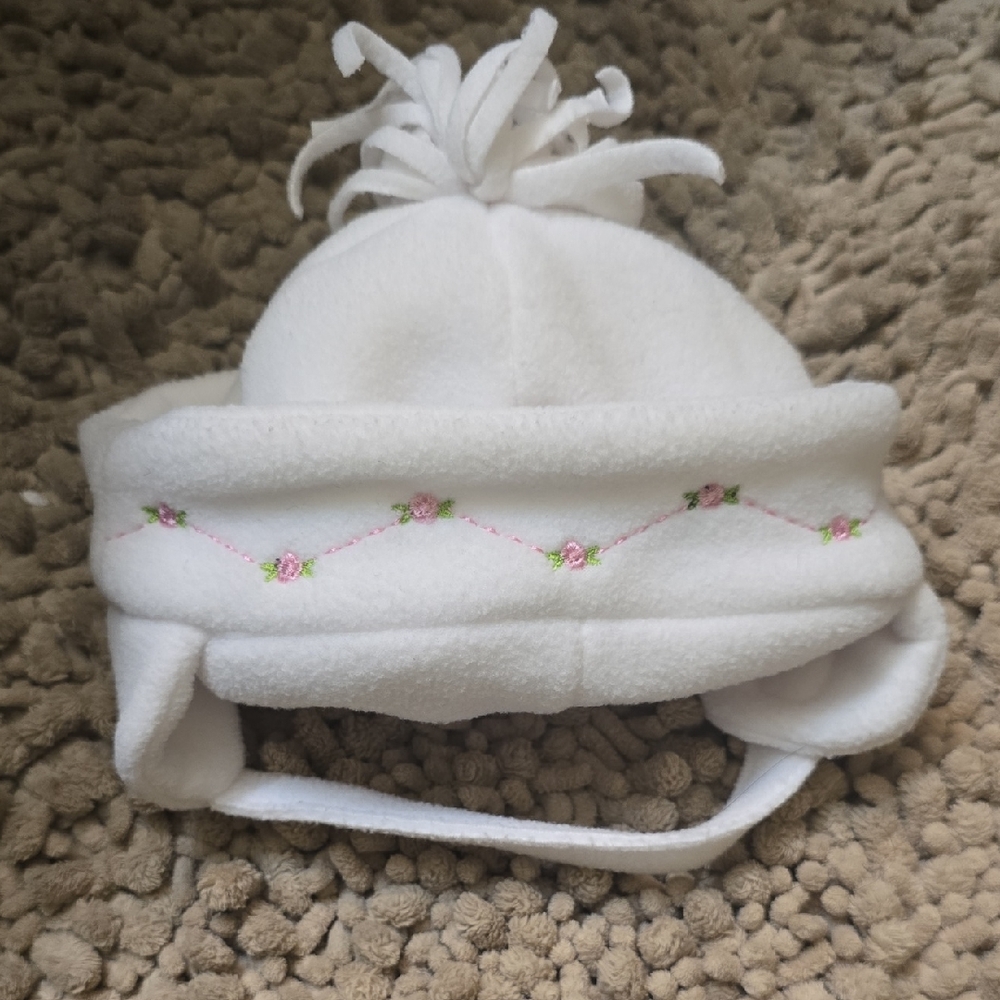 White‎ Fleece Infant Hat Pink Rose Floral Embroidery Adjustable Chin Strap